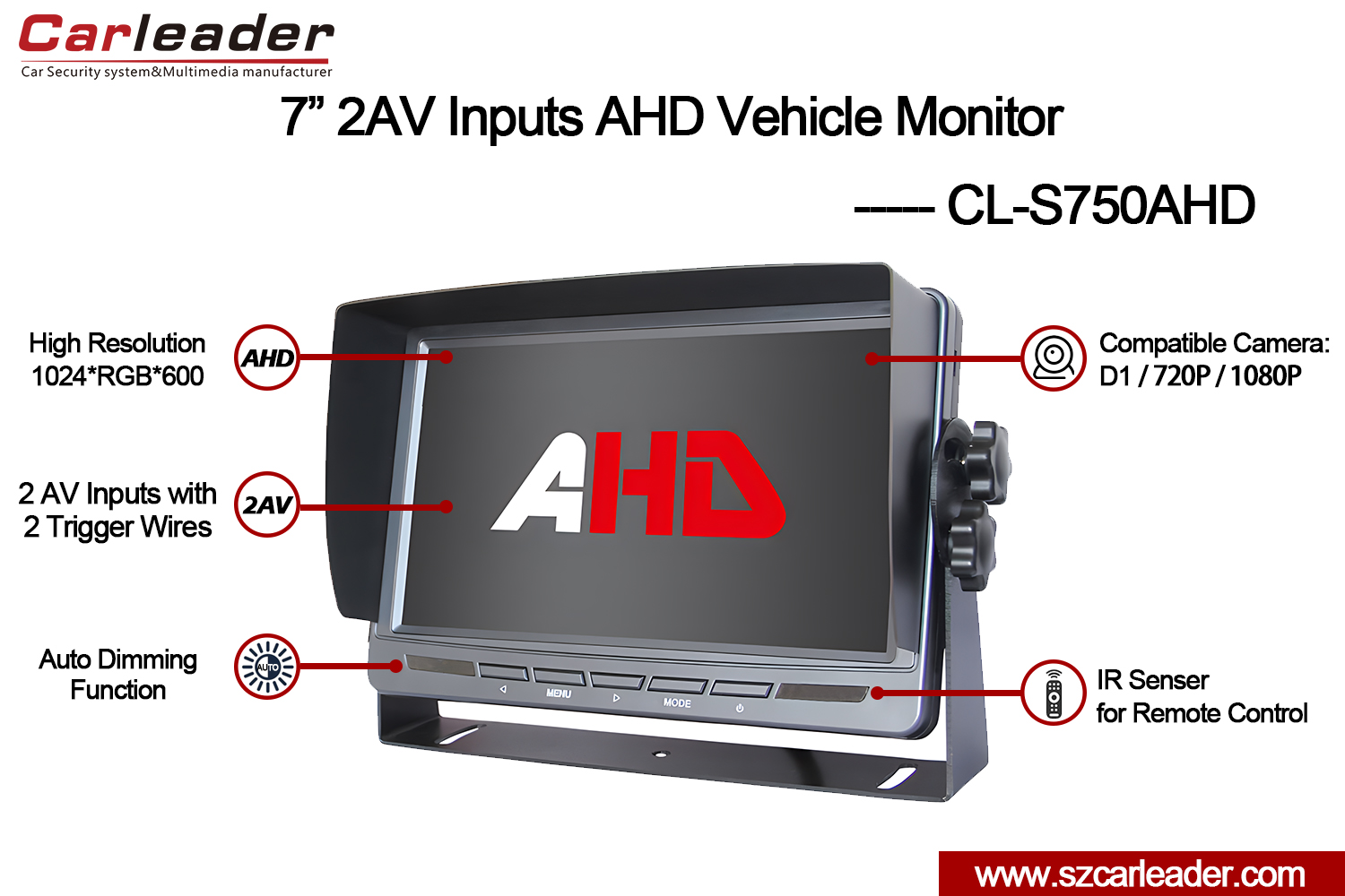 7-palcový TFT LCD monitor AHD s pohľadom zozadu do auta