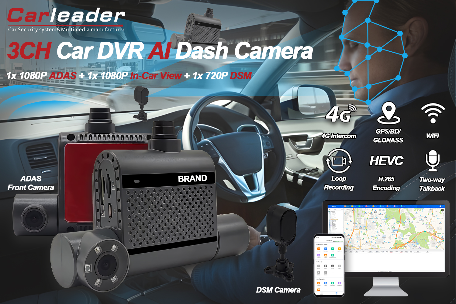 4G duálna AI Dash kamera s ADAS a DSM