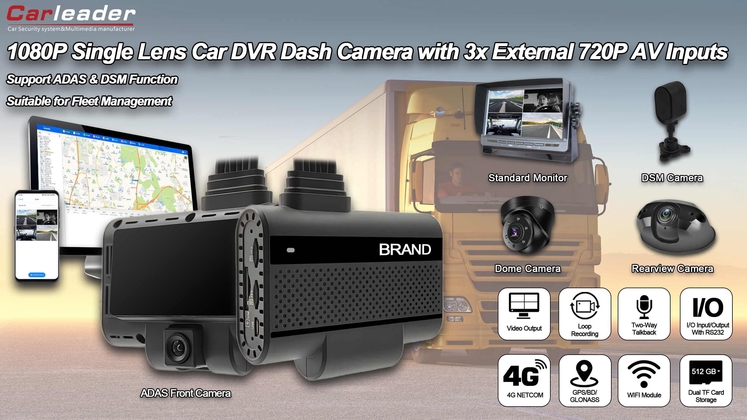 Carleader 4ch DVR AI Dash Camera Camera pre správu flotily