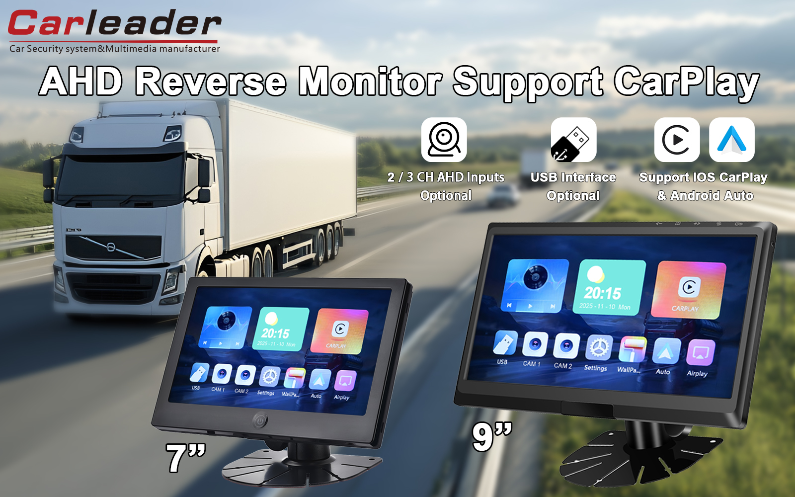 Carleader 9-palcový IPS 2AV AHD monitor vozidla Podpora CarPlay Multimedia: Vaša brána k inteligentnejšej a bezpečnejšej jazde